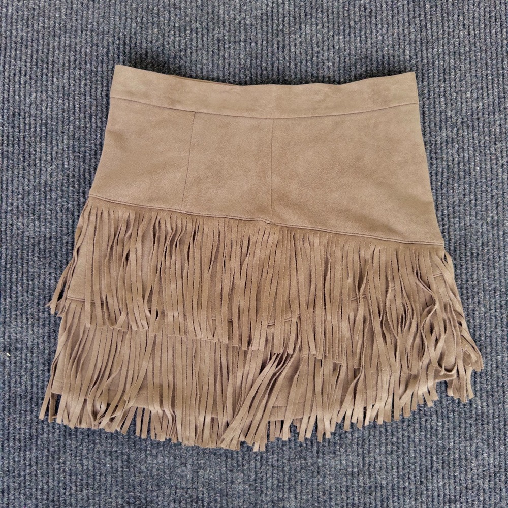 Altar'd State Western Fringe Mini Skirt Women's L Brown Faux Suede Cowgirl